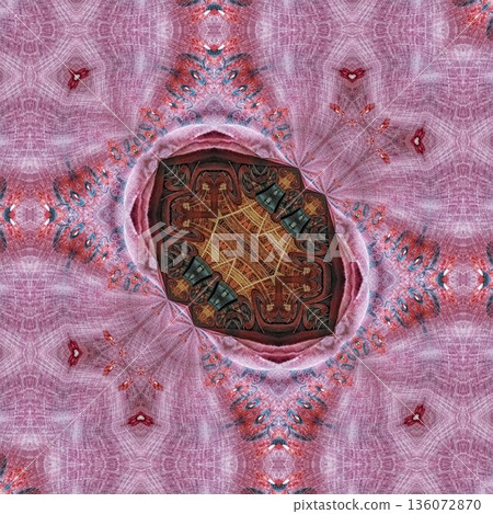 Abstract floral design features a pattern with rich textures and relief details. Soft pink, earthy brown, and muted blue tones add depth, making it ideal for textiles, wallpaper and fashion prints 136072870