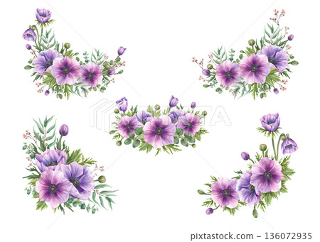Purple Anemone flowers with eucalyptus plant branches bouquets set. Watercolor semicircular, oval, long, and triangular floral designs for greeting, wedding card. Isolated hand painted illustration 136072935
