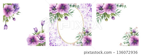 Watercolor Anemone flowers with pink buds and eucalyptus green branches frame set. Realistic greenery floral card template for wedding, Valentines day. Hand drawn isolated from background illustration Watercolor Anemone flowers with pink buds and eucalyptus green branches frame set. Realistic greenery floral card template for wedding, Valentines day. Hand drawn isolated from background illustration 136072936