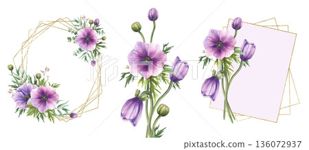 Watercolor purple Anemones flowers with leaves and eucalyptus green branch frame golden set. Save the date, Valentines day, wedding card template. Isolated on white background hand drawn illustration. Watercolor purple Anemones flowers with leaves and eucalyptus green branch frame golden set. Save the date, Valentines day, wedding card template. Isolated on white background hand drawn illustration. 136072937