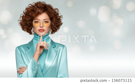Business stylish woman in teal suit with curly hair and glasses posing confidently 136073115