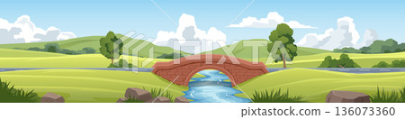 Panoramic landscape asphalt road with stone bridge over a blue river. Green rolling hills trees and white clouds under a bright sunny sky. Vector illustration banner background. 136073360