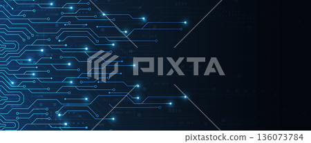 Digital circuit pathways extending from left with glowing blue connection nodes throughout Digital circuit pathways extending from left with glowing blue connection nodes throughout 136073784