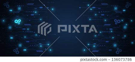 Symmetrical digital circuit boards featuring artificial intelligence microchips and mechanical gear symbols Symmetrical digital circuit boards featuring artificial intelligence microchips and mechanical gear symbols 136073786