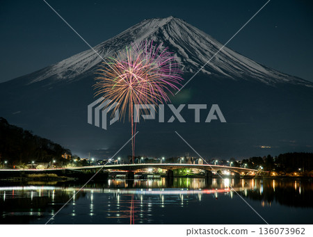 Winter fireworks at Lake Kawaguchi over the Kawaguchiko Bridge Winter fireworks at Lake Kawaguchi over the Kawaguchiko Bridge 136073962
