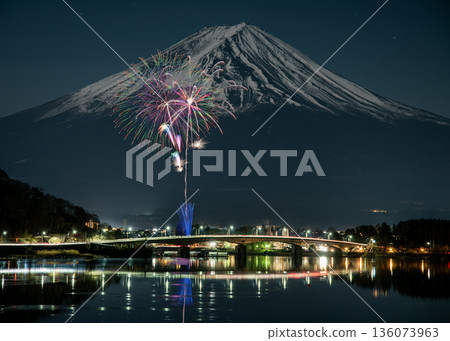 Winter fireworks at Lake Kawaguchi over the Kawaguchiko Bridge Winter fireworks at Lake Kawaguchi over the Kawaguchiko Bridge 136073963