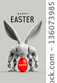 Futuristic Robot Bunny Holding Red Easter Egg on Minimal Background Art! 136073985