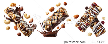 Chocolate coated nut protein energy fitness bar topped with almonds, cashews, walnuts, and chocolate drizzle on white 136074395