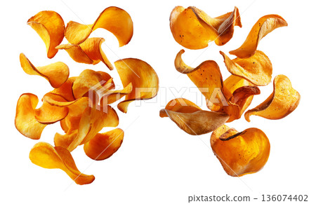 Kumara sweet potato chips isolated on white transparent background, representing healthy New Zealand snack food concept 136074402