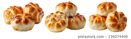 Panipopo sweet rolls baked in coconut milk with golden crust isolated on white background, concept of bakery and food freshness Panipopo sweet rolls baked in coconut milk with golden crust isolated on white background, concept of bakery and food freshness 136074406