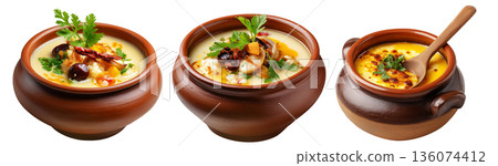 Cazuela chilean Stew pot served in rustic bowl with wooden spoon isolated on white background, South American Cuisine Cazuela chilean Stew pot served in rustic bowl with wooden spoon isolated on white background, South American Cuisine 136074412