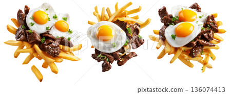Chorillana beef fried with eggs garnished and herbs, street food isolated on white background. South American Cuisine Chorillana beef fried with eggs garnished and herbs, street food isolated on white background. South American Cuisine 136074413