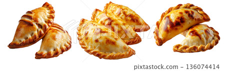 Argentina and Uruguay empanadas stacked in a pyramid, golden baked crust, meat and potato filling, isolated on white background Argentina and Uruguay empanadas stacked in a pyramid, golden baked crust, meat and potato filling, isolated on white background 136074414