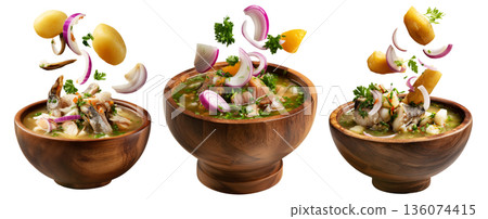 Ecuador encebollado fish seafood soup with onion, yuca, egg and herbs flying from wooden bowl, isolated on white background Ecuador encebollado fish seafood soup with onion, yuca, egg and herbs flying from wooden bowl, isolated on white background 136074415