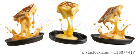 Argentina grilled Provoleta cheese pieces stacked, isolated on white transparent background. Concept of South American Cuisine Argentina grilled Provoleta cheese pieces stacked, isolated on white transparent background. Concept of South American Cuisine 136074417