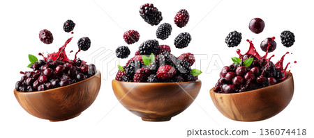 Berry Cobbler made from blackberries and raspberries in wooden bowl, isolated on white background, concept of fresh organic fruit 136074418
