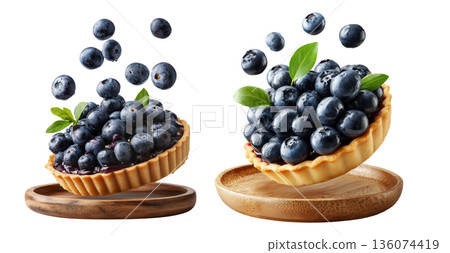 New England blueberry pie topped with fresh berries and mint leaves, isolated on white background, American dessert 136074419