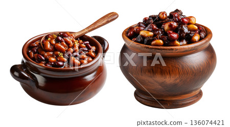 Cooked red kidney beans in wooden bowl, isolated on white background, Boston Baked Beans slow-cooked with molasses and pork Cooked red kidney beans in wooden bowl, isolated on white background, Boston Baked Beans slow-cooked with molasses and pork 136074421