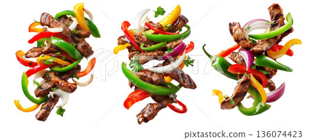 Tex-Mex Fajitas grilled beef strips with bell peppers and onion slices isolated on white background, concept of fresh grilled food Tex-Mex Fajitas grilled beef strips with bell peppers and onion slices isolated on white background, concept of fresh grilled food 136074423