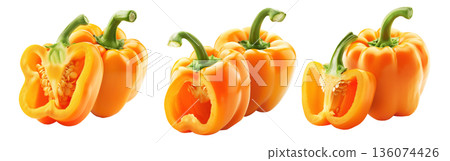 Whole yellow bell pepper with a sliced half showing seeds and texture, isolated on white transparent background. Whole yellow bell pepper with a sliced half showing seeds and texture, isolated on white transparent background. 136074426