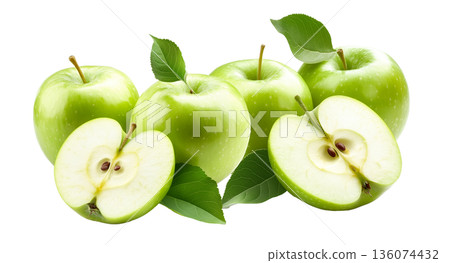 Whole and sliced green apples with fresh green leaves isolated on white background, concept of healthy fresh fruit Whole and sliced green apples with fresh green leaves isolated on white background, concept of healthy fresh fruit 136074432
