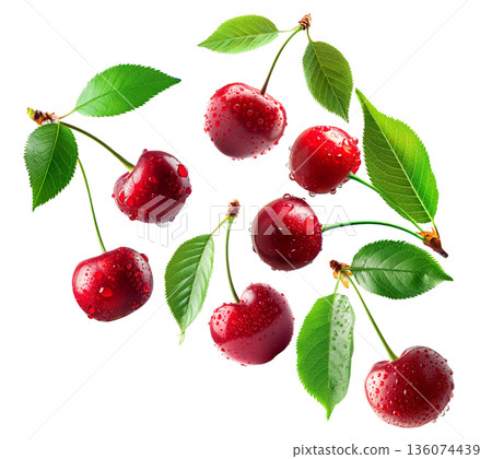 Juicy red cherries with fresh green leaves and water droplets, isolated on a white background, concept of freshness 136074439