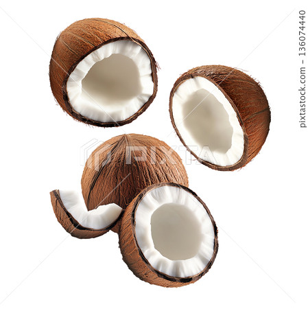 Halved ripe coconuts with fibrous brown shells and white meat, isolated on white background, concept of tropical fruits 136074440