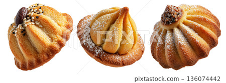 Set of Maamoul traditional sesame covered pastry, cookies powdered with sugar on white background. Concept of baked dessert food Set of Maamoul traditional sesame covered pastry, cookies powdered with sugar on white background. Concept of baked dessert food 136074442