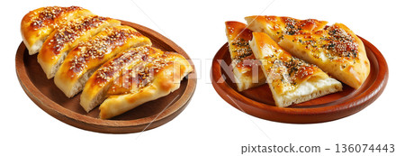 Set of Manakish freshly baked round Turkish flatbread with za'atar, cheese or minced meat isolated on white background Set of Manakish freshly baked round Turkish flatbread with za'atar, cheese or minced meat isolated on white background 136074443
