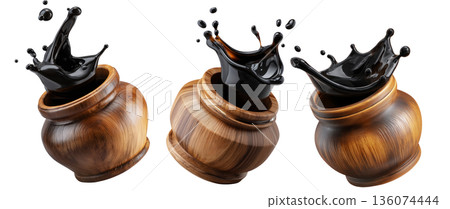 Set of Egyp Molasses black syrup jar splashing from a polished jar, isolated on white background, concept of Arabic Cuisine Set of Egyp Molasses black syrup jar splashing from a polished jar, isolated on white background, concept of Arabic Cuisine 136074444