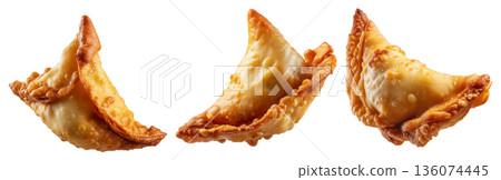 Set of Sambousek small crescent baked dumpling with twisted and pinched crust with cheese or meat, isolated on white background Set of Sambousek small crescent baked dumpling with twisted and pinched crust with cheese or meat, isolated on white background 136074445