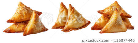 Set of Briouat triangular fruit filled pastries, phyllo pastries filled with meat or almonds on white, Arabic sweet desserts 136074446