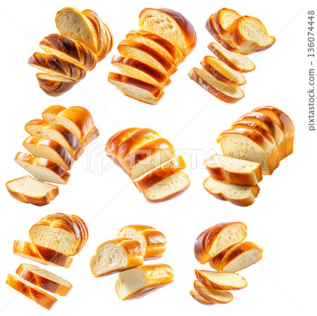 Set of baked braided Challah Jewish bread loaf with a golden crust, isolated on white transparent background 136074448