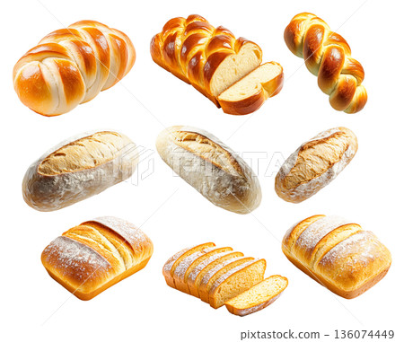 Various types of freshly baked bread loaves and slices shown on white background, rustic and braided styles for bakery concepts 136074449