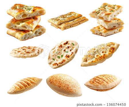 Various types of flatbreads and pita breads arranged on white background, showing texture and variety, concept of traditional food Various types of flatbreads and pita breads arranged on white background, showing texture and variety, concept of traditional food 136074450