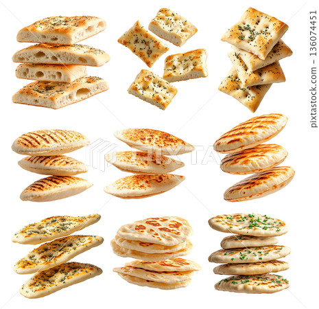 Various types of flatbreads and pita breads arranged on white background, showing texture and variety, concept of traditional food Various types of flatbreads and pita breads arranged on white background, showing texture and variety, concept of traditional food 136074451