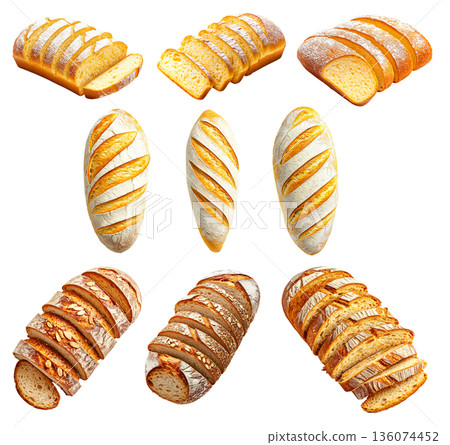 Various types of sliced artisan bread loaves with crusty and soft textures, isolated on white background, concept of bakery Various types of sliced artisan bread loaves with crusty and soft textures, isolated on white background, concept of bakery 136074452