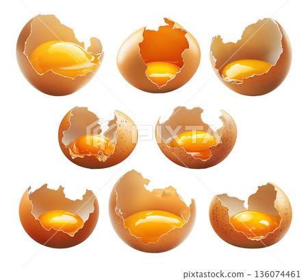 Close-up of cracked brown egg with yolk inside eggshell, isolated on white transparent background. Close-up of cracked brown egg with yolk inside eggshell, isolated on white transparent background. 136074461