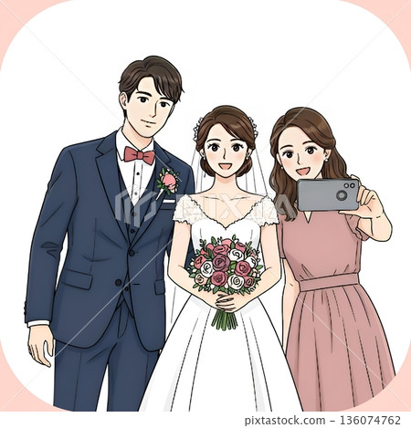 一位女士正在與新郎新娘合影的插圖 136074762