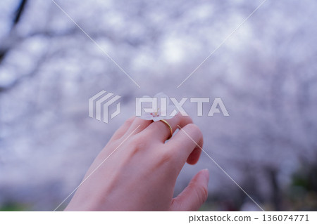 女人的手戴著一枚繡有櫻花圖案的金戒指 136074771