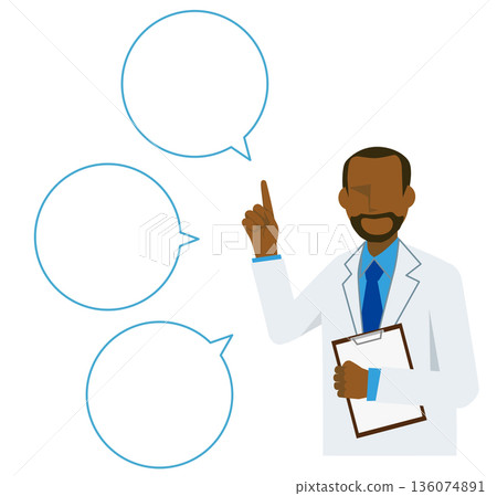 Flat illustration (upper body) of a black male doctor in a white coat explaining the points with a speech bubble 136074891