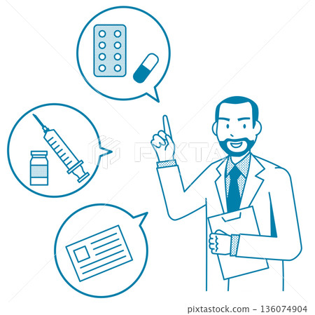 Medical icon of a male doctor explaining medicine and injections in a speech bubble. Line drawing illustration. Flat design. Medical icon of a male doctor explaining medicine and injections in a speech bubble. Line drawing illustration. Flat design. 136074904