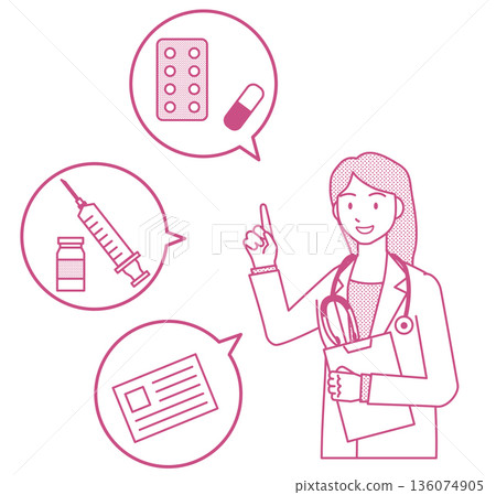 一位女醫生在對話框內講解藥物和注射的醫學圖示。線條畫插圖。扁平化設計。 一位女醫生在對話框內講解藥物和注射的醫學圖示。線條畫插圖。扁平化設計。 136074905