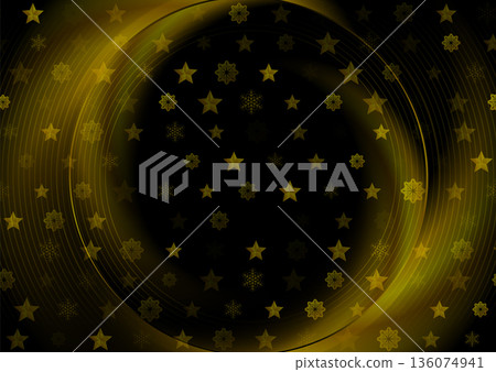 Glossy golden abstract snowflakes, stars and smooth circle on black background 136074941