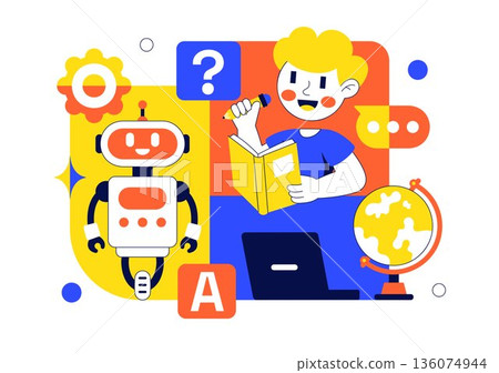 Robotics For Kids Education Vector Illustration Featuring Learning Technology And STEM In a Flat Cartoon Style Background Robotics For Kids Education Vector Illustration Featuring Learning Technology And STEM In a Flat Cartoon Style Background 136074944