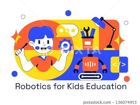 Robotics For Kids Education Vector Illustration Featuring Learning Technology And STEM In a Flat Cartoon Style Background Robotics For Kids Education Vector Illustration Featuring Learning Technology And STEM In a Flat Cartoon Style Background 136074953