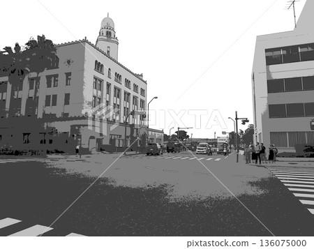 橫濱港口城市關內地區的道路與城市景觀。插畫風格照片。 136075000