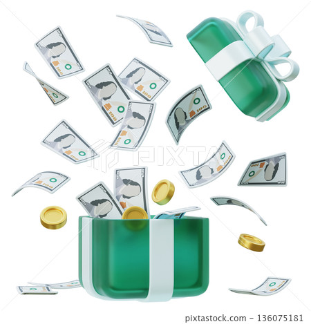 3D cartoon gift box popping with flying hundred dollar bills and golden coins 136075181