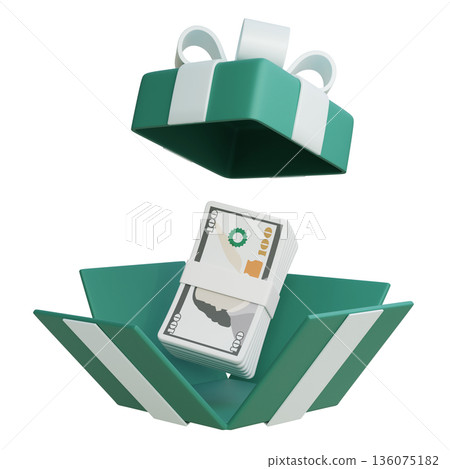 3D rendered cartoon gift box containing stacks of hundred dollar bills 136075182