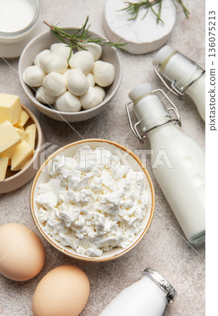Healthy dairy products and fresh eggs on table Healthy dairy products and fresh eggs on table 136075213